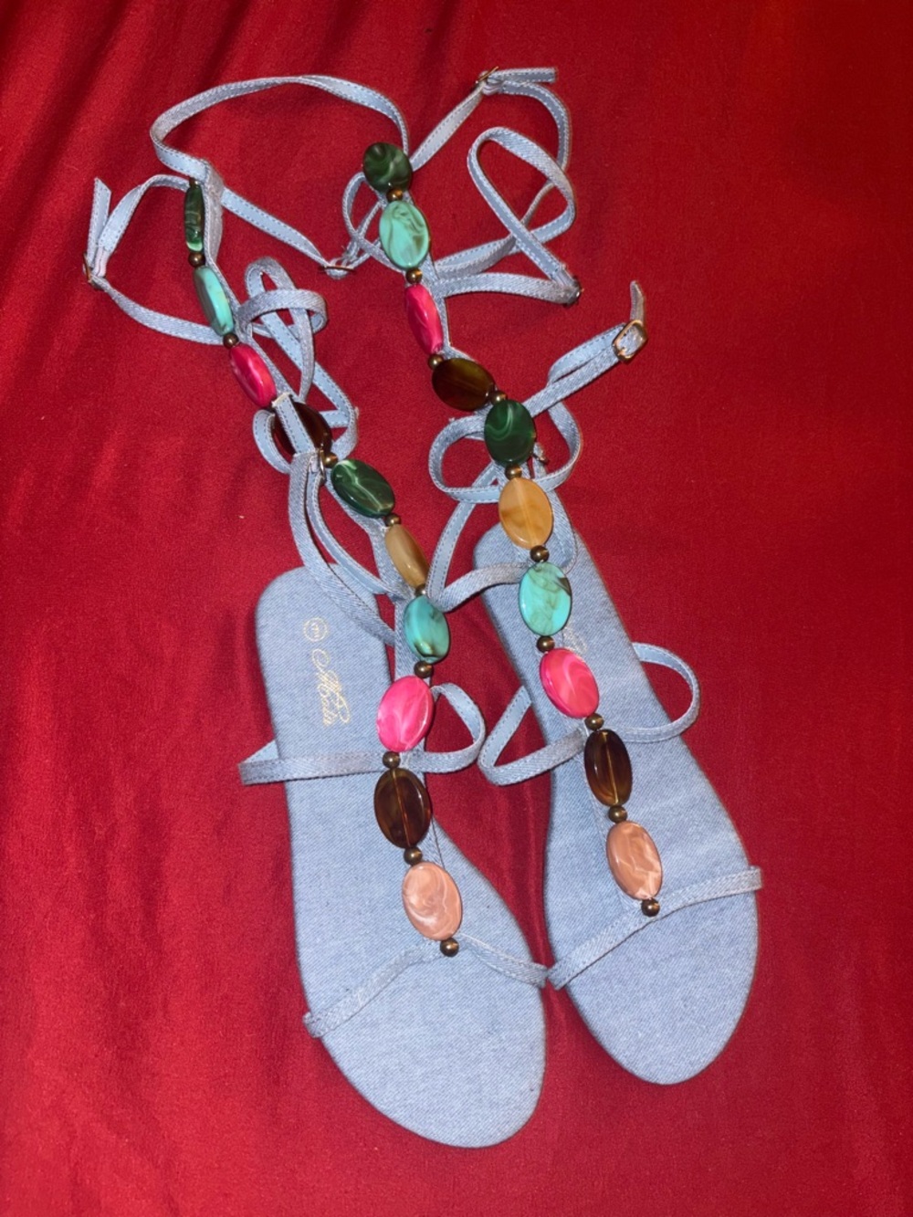 Denim Strap-Up Beaded Sandal with Adjustable Straps. New Never Worn
